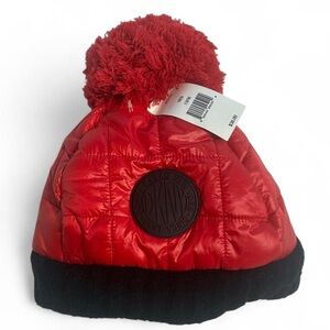 NWT DKNY Red Quilted Puffer Beanie with Pom-Pom